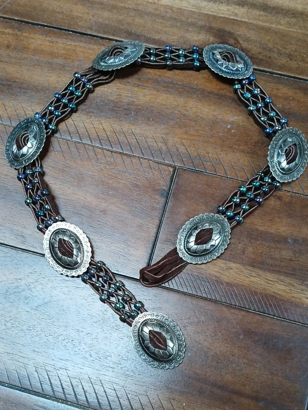 Brown Leather Western Concho Beaded Belt